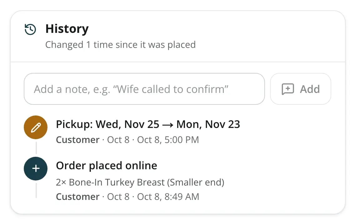 The change history on a demo order: the pickup moved from Wednesday, November 25 to Monday, November 23 after the order was placed online, with a box for staff notes