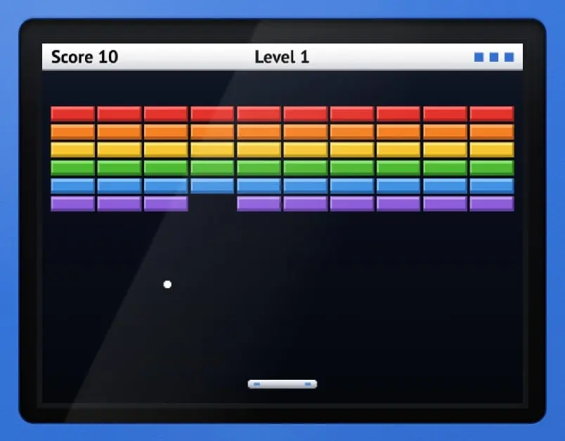 The iPod’s screen mid-game in Brick: rows of rainbow bricks, a ball and a paddle, Score 10, Level 1
