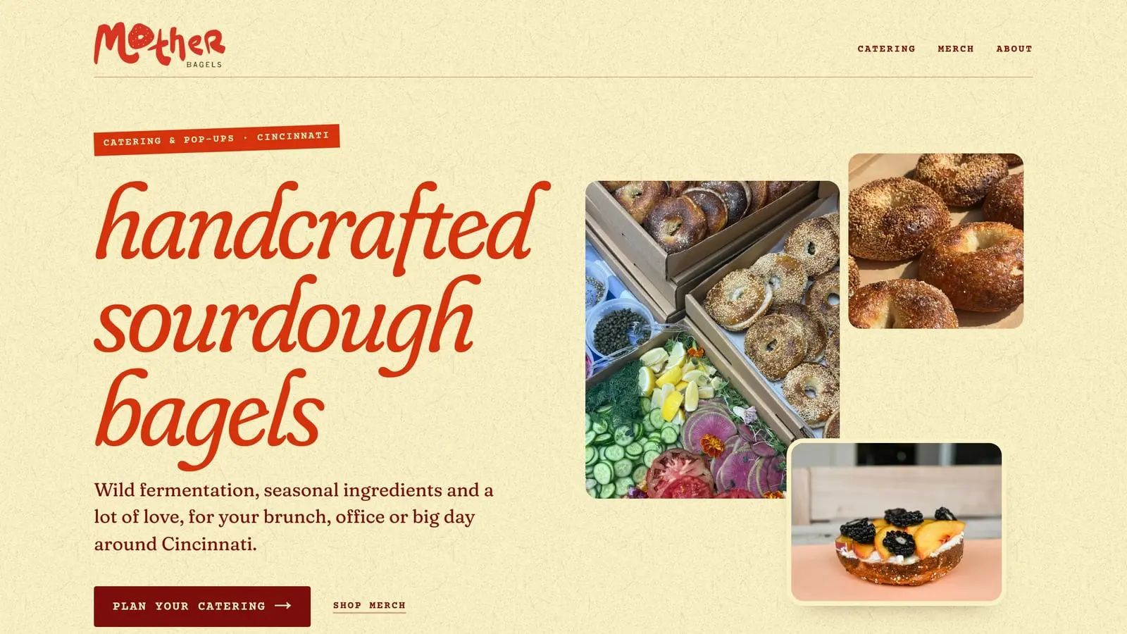 The Mother Bagels home page in progress on desktop: “handcrafted sourdough bagels” in red script on cream paper, a Plan your catering button and a collage of bagel and catering photos